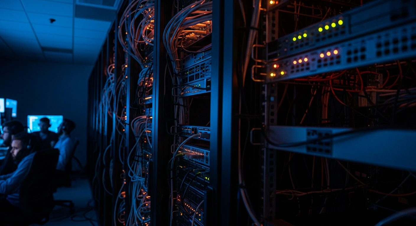 Wide shot of a server room with blinking status lights representing the breach detection and investigation phase