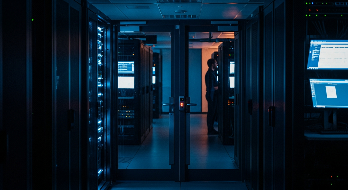questions to ask an IT firm about their own security — Wide shot of a server room or data center with rows of equipment and security access points, conveying the physical infrastructure that requires privileged access control and monitoring.