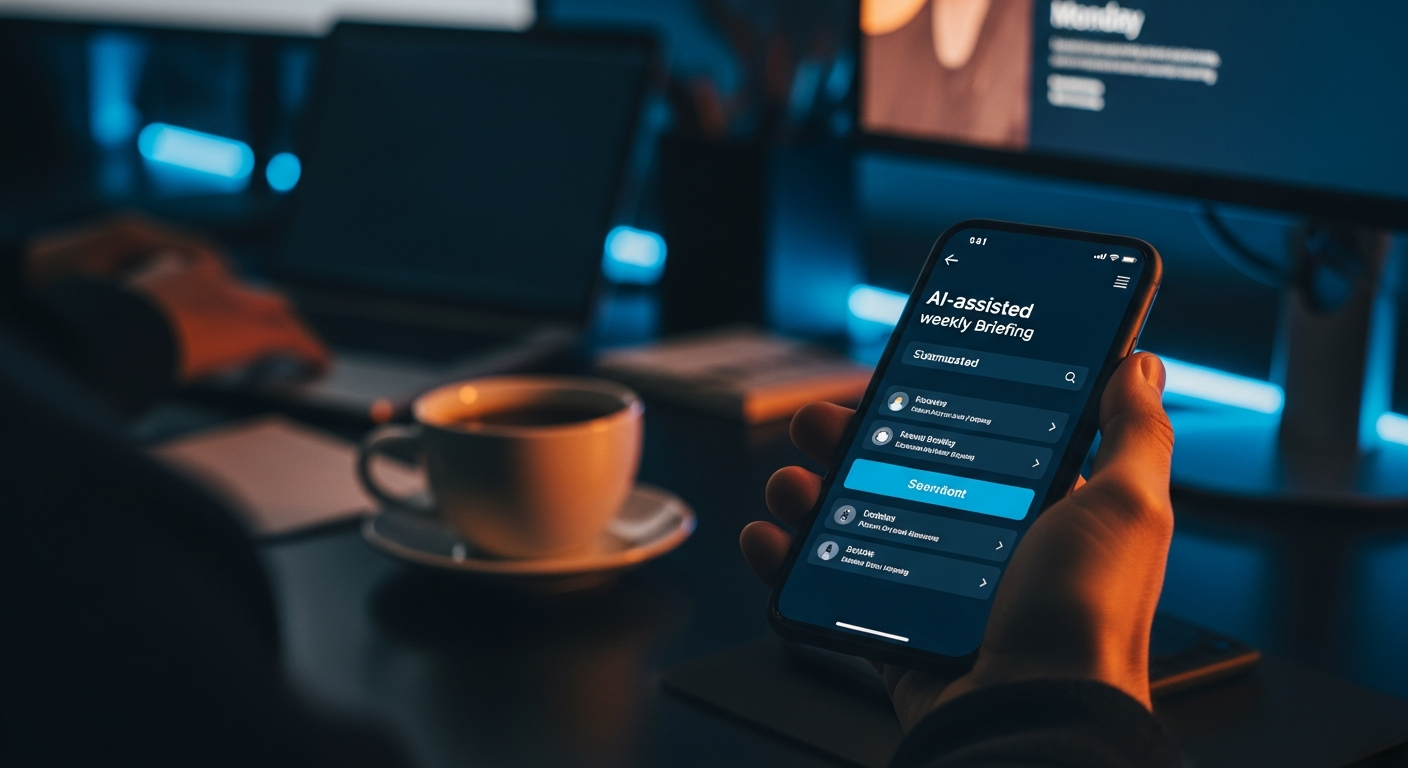 AI-assisted weekly briefing - Close-up of a hand holding a smartphone showing a summarized briefing notification or dashboard, with soft focus of a coffee cup and Monday morning workspace in the background, emphasizing the speed and accessibility of the AI-generated summary.