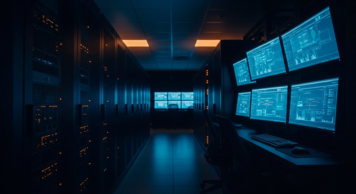 AI policy for SMBs — Wide shot of a server room or data center with rows of equipment and glowing lights, conveying the scale of data exposure and backend systems at risk when unmanaged AI tools process confidential information.