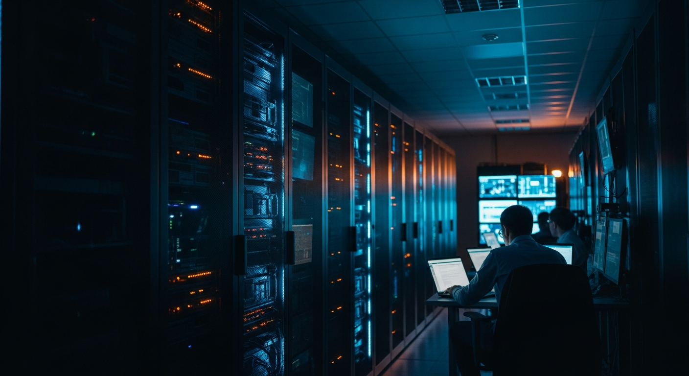 cybersecurity posture — Wide shot of a server room or data center with rows of equipment and blinking lights, photographed at an angle that emphasizes depth and scale, conveying the complexity of infrastructure that can fail despite apparent sophistication.