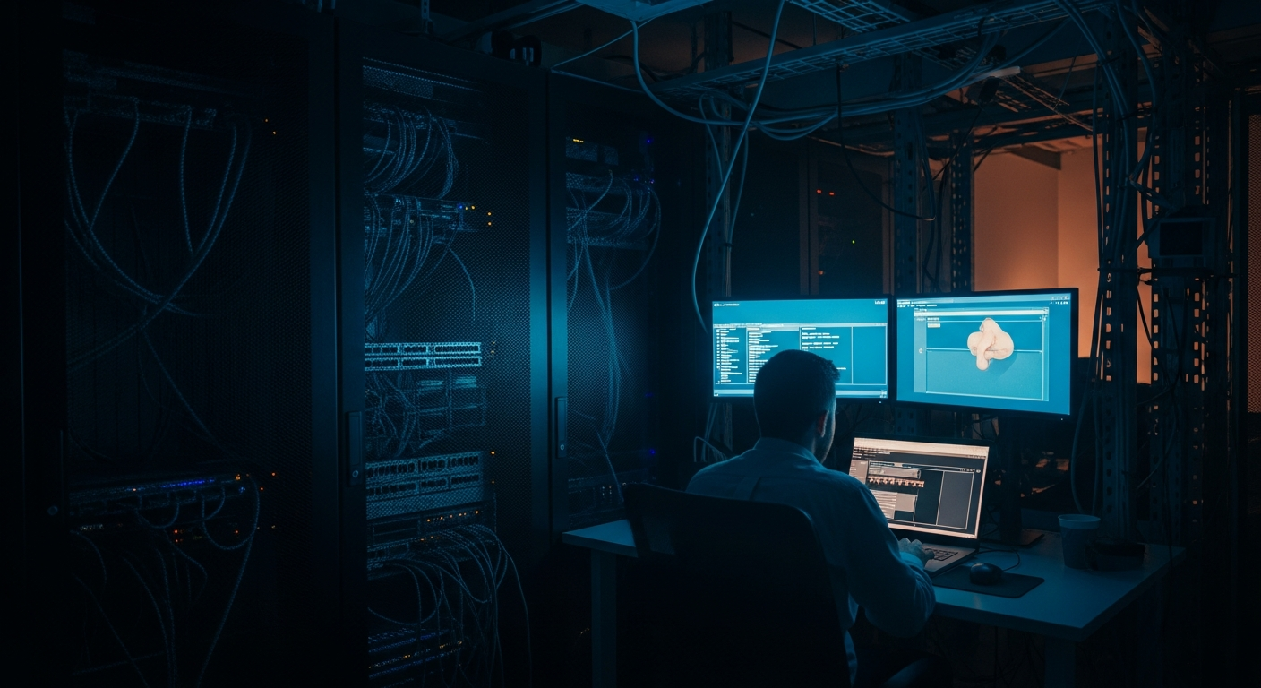 internal AI assistant for small business - Wide shot of a secure server room or networking equipment setup with cables and hardware, representing the private infrastructure layer where data stays contained and protected.