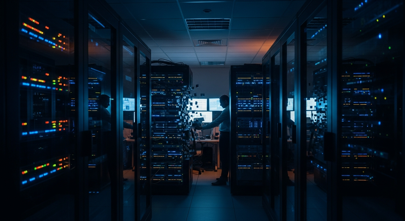 IT company acquired — Wide shot of a server room with multiple rows of equipment and blinking lights, with one section noticeably disconnected or being physically transferred, representing data risk and infrastructure handoff.