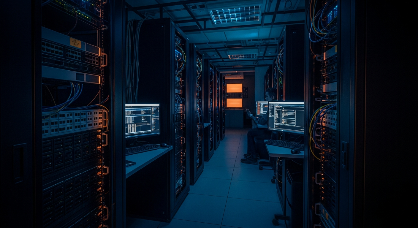 ransomware payments — Wide shot of a server room or data center with multiple backup storage units and networking equipment, showing the infrastructure scale and complexity of a properly segmented backup environment.