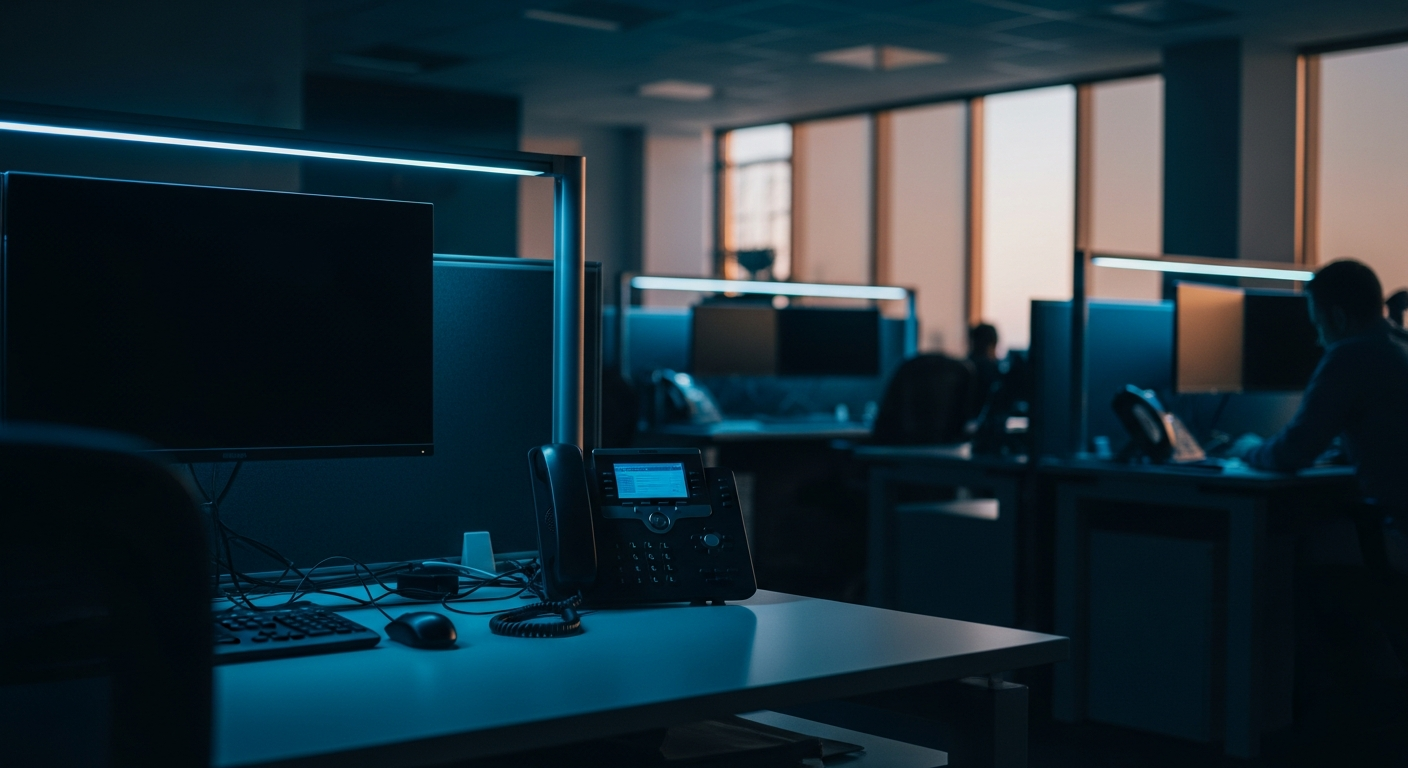Scattered Spider social engineering - Wide shot of an empty corporate office cubicle or IT help desk station with a desk phone in sharp focus, showing the physical space where social engineering attacks originate, with soft natural light streaming through windows.