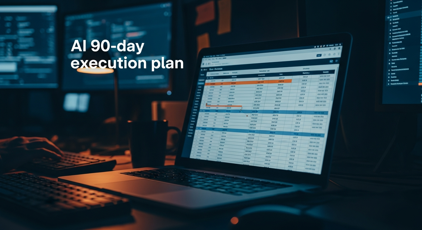 AI 90-day execution plan - Wide shot of a laptop screen in a dimly lit workspace showing organized spreadsheet columns with categories, priorities, and dates, with the keyboard and desk surface visible in soft focus, emphasizing the digital structure emerging from raw input.