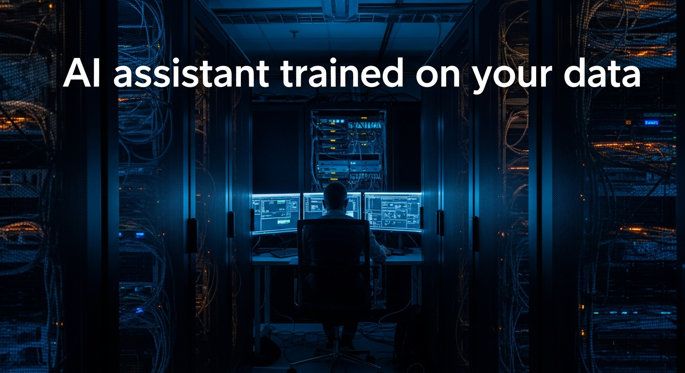 AI assistant trained on your data - Wide shot of a server room or data center with illuminated server racks and cable management, emphasizing the infrastructure required to process and store proprietary company data securely.