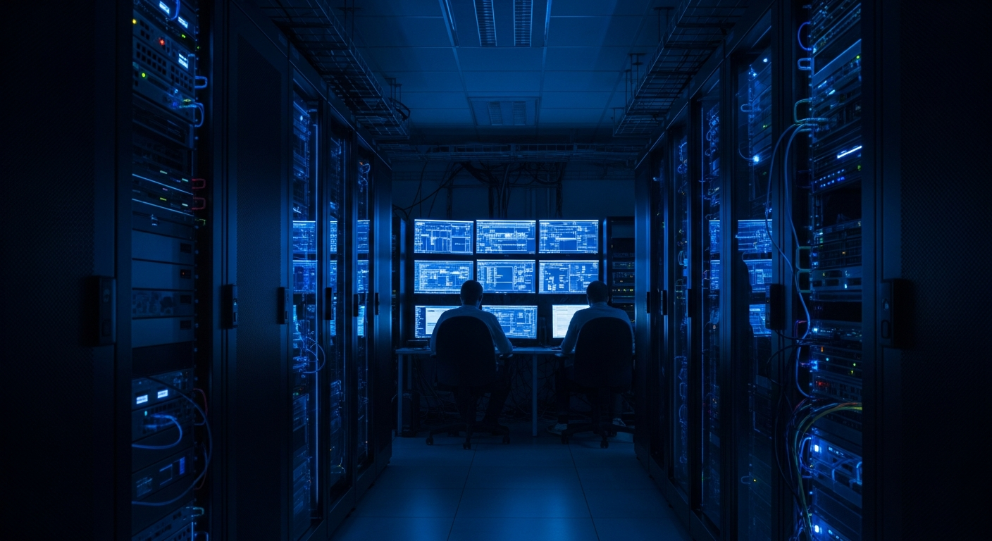 AI-assisted phishing kits - Wide shot of a server room with rows of servers and network equipment bathed in cool blue light, representing the infrastructure and darknet marketplace ecosystem where phishing kits operate as commoditized services.