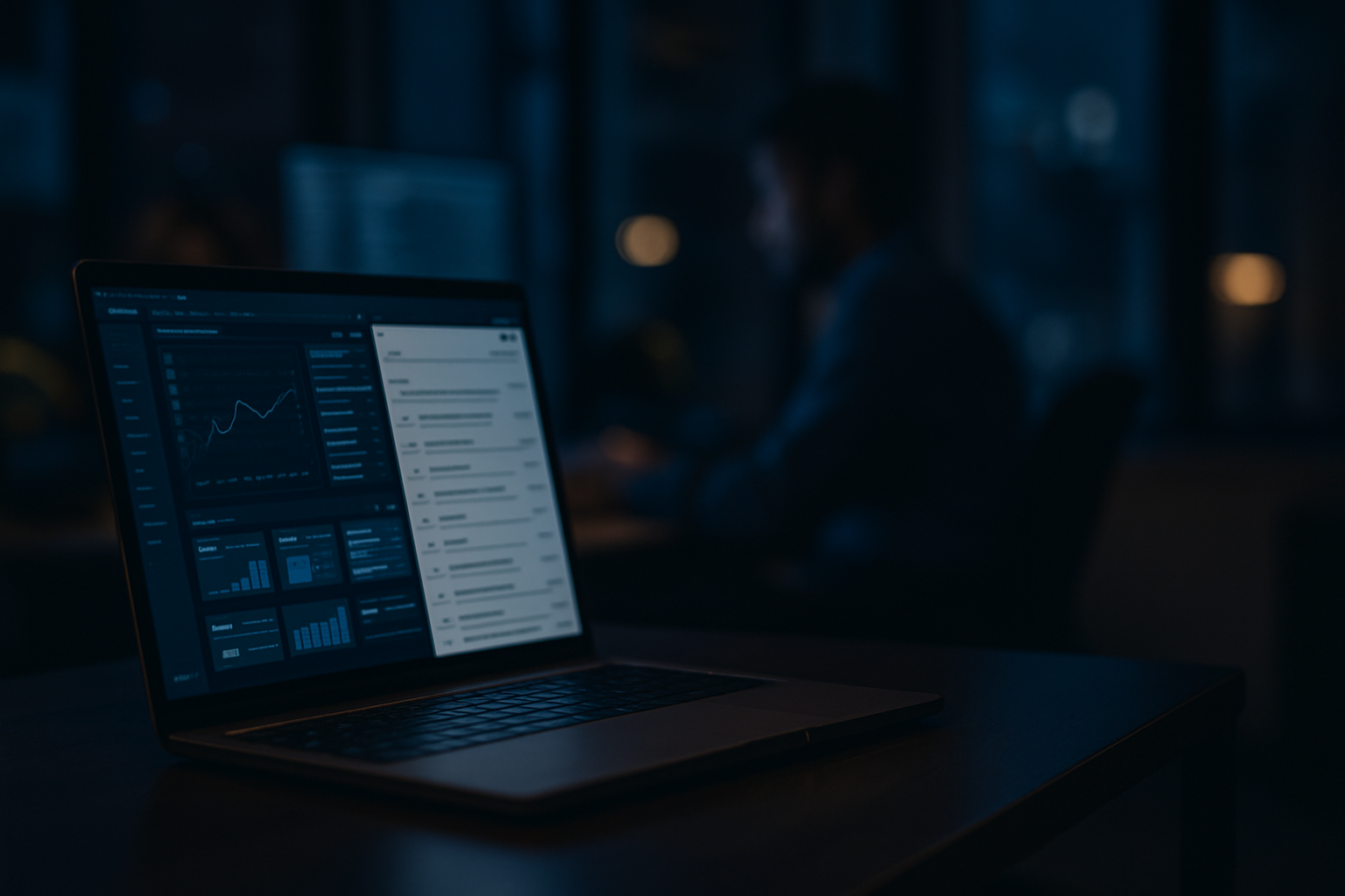 AI-assisted weekly briefing — Wide shot of a laptop screen displaying a data dashboard or email inbox in a modern office setting, with blurred background of someone working at their desk.