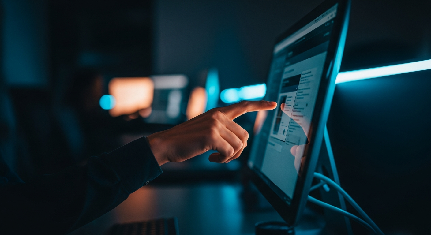 AI change management for small business — Close-up of a single hand pointing at or interacting with a computer screen showing a task or workflow, isolated against a blurred office background—emphasizing individual adoption and the personal moment of tool engagement.