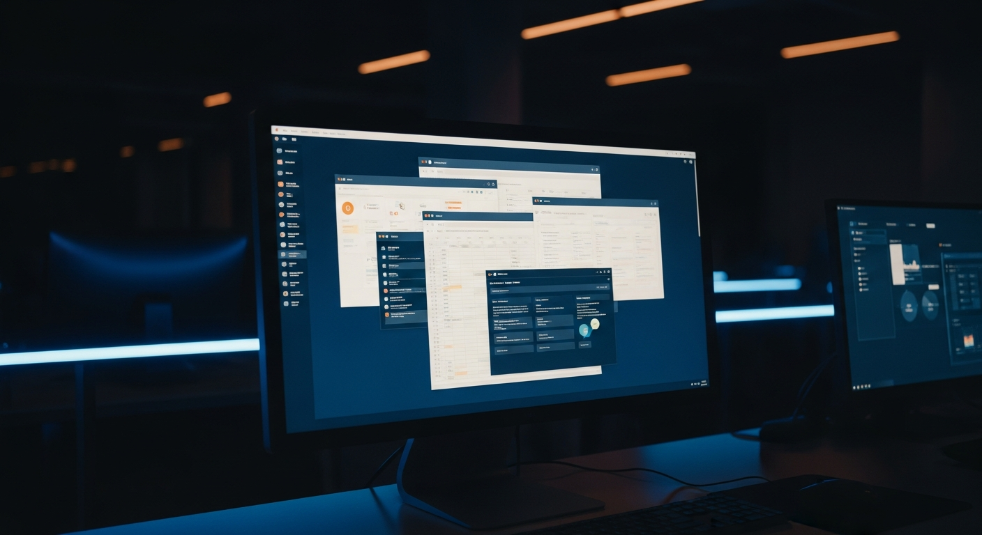 AI data readiness - Wide shot of a computer monitor displaying multiple overlapping windows and applications (CRM, email, spreadsheet, chat) simultaneously, showing data silos and inconsistent information across different platforms.