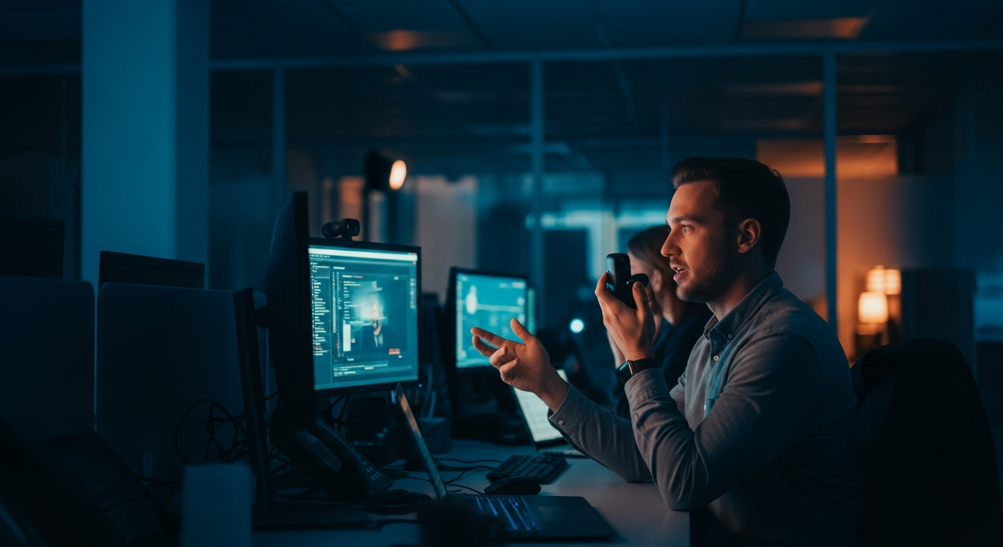 AI for SOPs - Wide shot of a single person in an office gesturing while speaking into a phone or voice recorder, captured mid-explanation with blurred office background, representing the extraction of tribal knowledge.