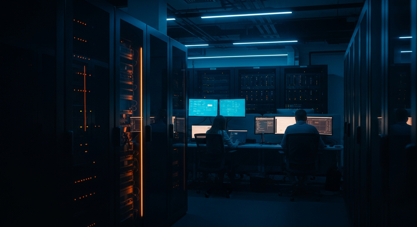 AI for standard operating procedures - Wide shot of a server room or data center with secure storage infrastructure and ambient lighting, representing the private AI environment and secure data processing mentioned in the post.
