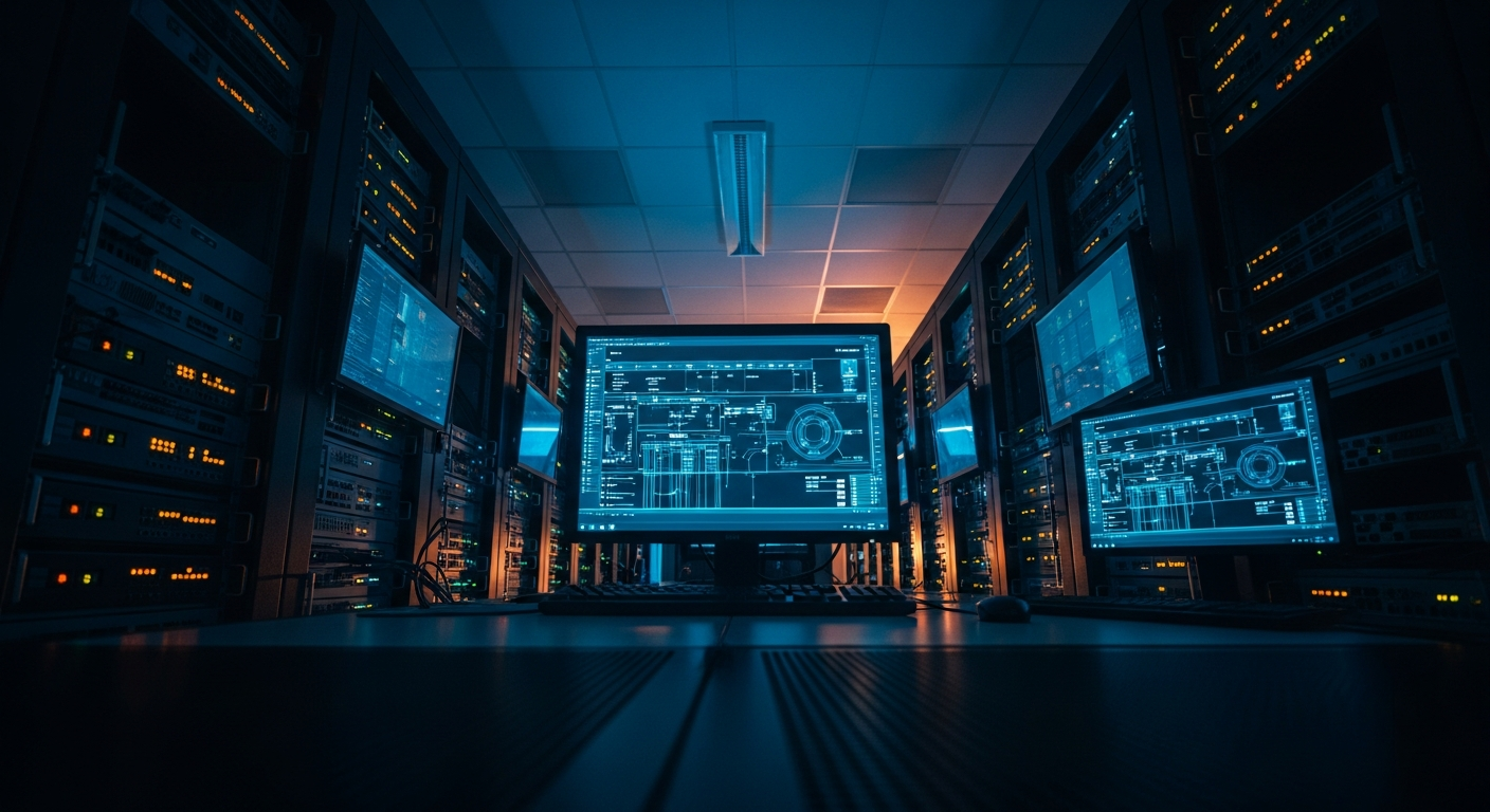 AI-generated phishing — Wide-angle shot of a server room or network infrastructure with rows of equipment and glowing indicator lights, shot at a low angle to convey the technical systems that should be catching what human eyes now cannot.
