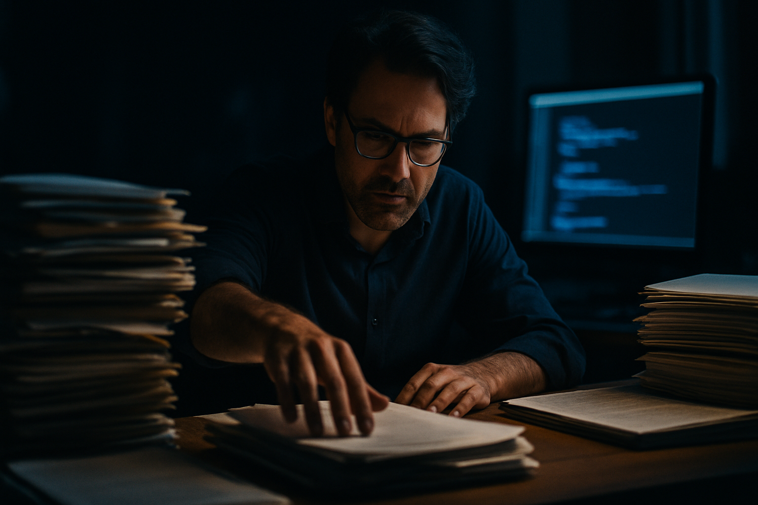 AI knowledge base - Wide shot of a professional at a desk with multiple document stacks and a computer screen visible, reaching toward or organizing papers, capturing the physical-to-digital transformation process.