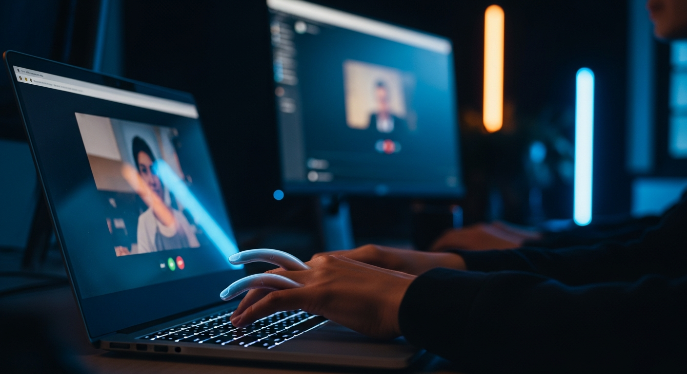 AI meeting prep and follow-up — Close-up of hands typing on a laptop keyboard with a blurred video call window visible on the screen in the background, captured at an angled perspective.