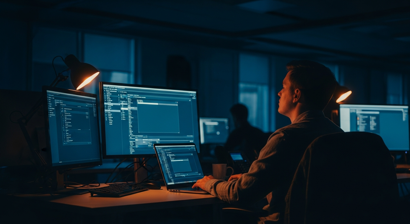 AI pilot stall — Wide shot of a person sitting at a desk staring blankly at a computer screen displaying an unused software interface, with minimal engagement or activity.