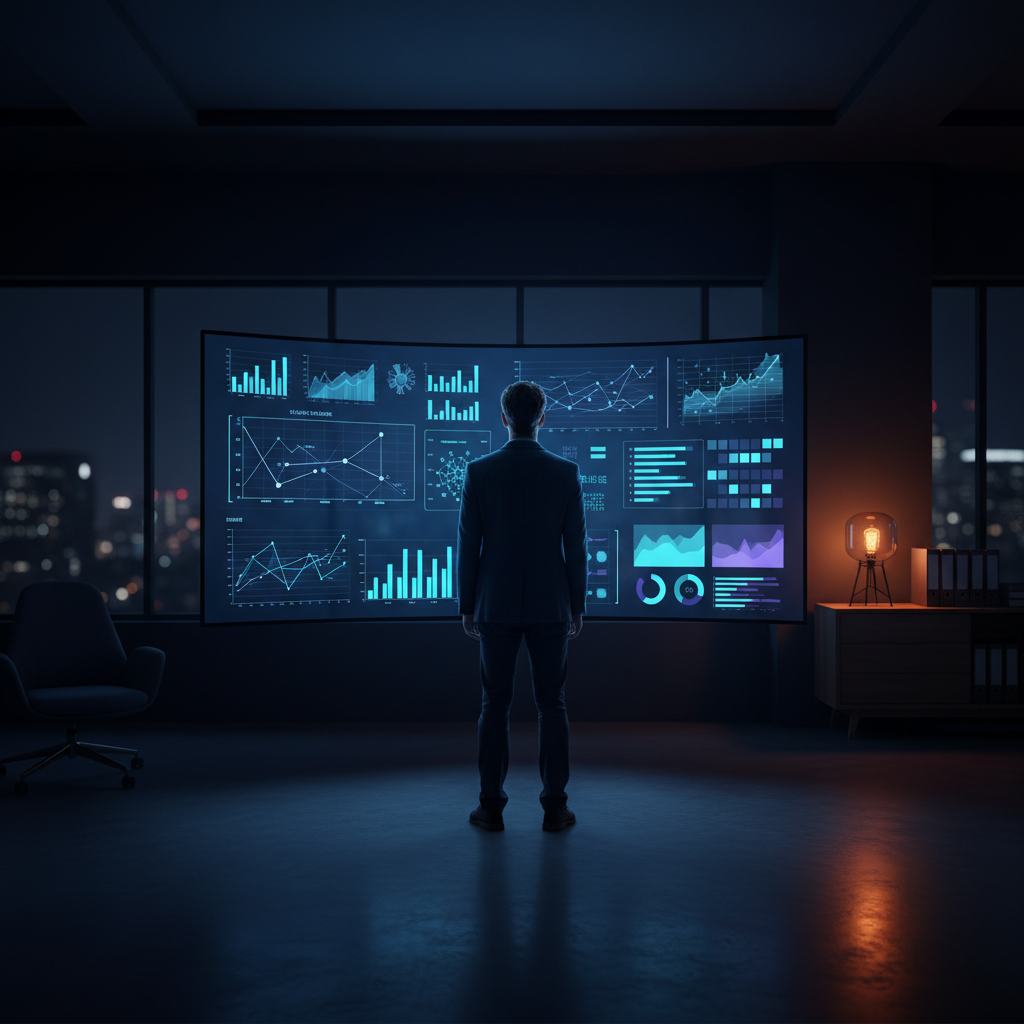 AI readiness for small business — Wide shot of a person in an office environment standing before a large monitor displaying organized data dashboards, clean spreadsheets, and structured information architecture, representing readiness and clarity.