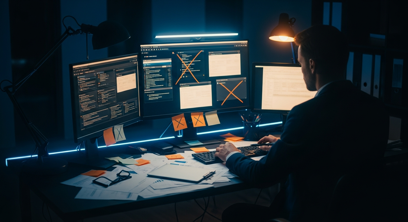 AI tool evaluation for small business - Wide shot of a business person at a desk surrounded by scattered papers, multiple open browser tabs on monitor, and crossed-out notes, visually representing the confusion and false starts of unevaluated tool adoption.