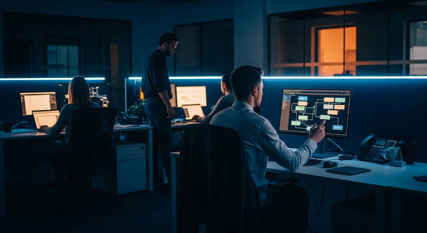 AI workflow for small business - Wide shot of a modern office workspace with a team member at a desk reviewing a screen displaying a flowchart or process dashboard, while blurred colleagues work at adjacent stations in the background.