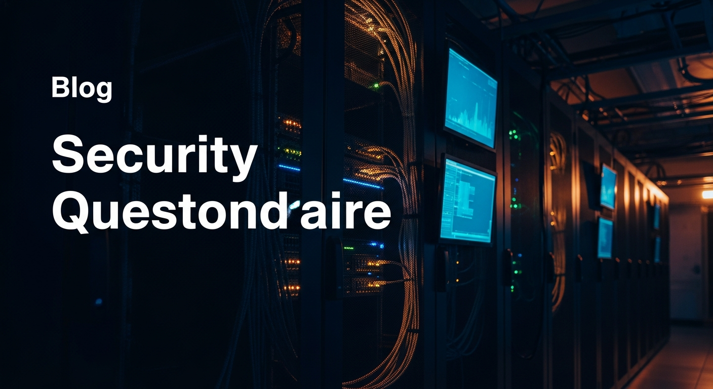 security questionnaire - Wide shot of a server room or data center with illuminated server racks and cables, photographed at an angle to convey technical infrastructure and the backend systems that security questionnaires are actually evaluating.