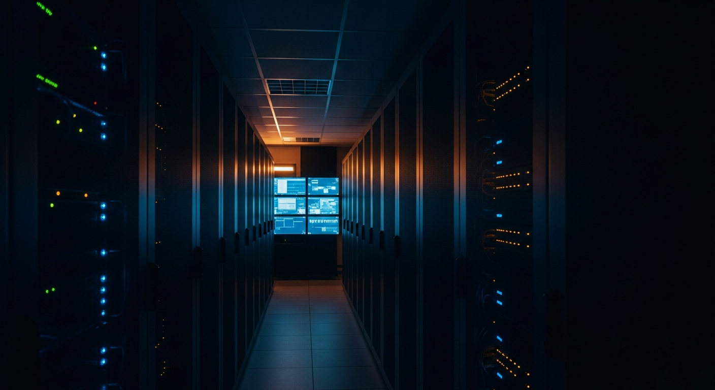 business continuity posture - Wide shot of a server room at night with rack-mounted equipment and blinking status lights, capturing the physical infrastructure that continuity plans depend on during crisis scenarios.