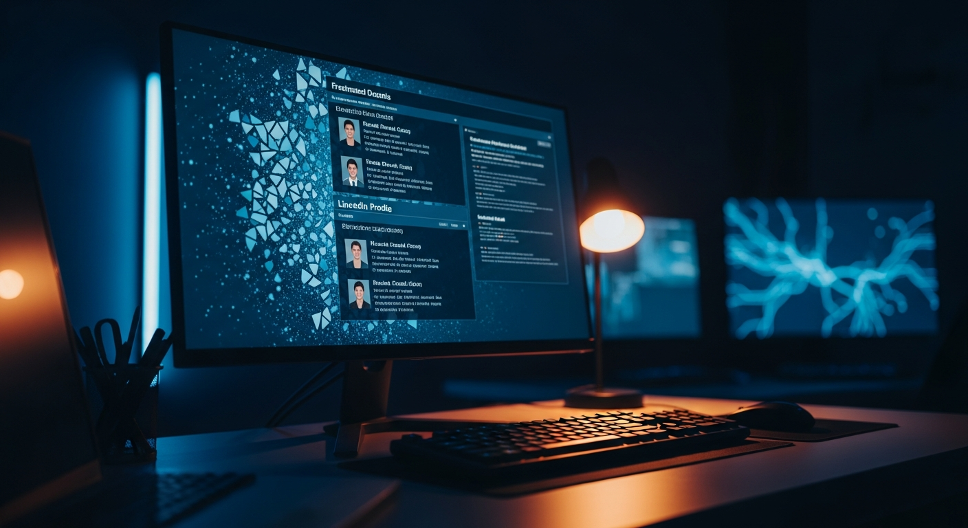 business email compromise - Wide shot of a dimly lit computer monitor displaying fragmented data streams, breach records, and LinkedIn profile snippets overlaid on the screen, with the keyboard and desk in soft focus to emphasize the digital reconnaissance process.