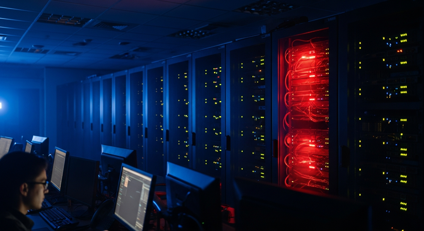 CISA Known Exploited Vulnerabilities — Wide shot of a server room with multiple server racks and blinking status lights, one section illuminated in red among cooler blue tones, suggesting real-time vulnerability scanning and infrastructure under scrutiny.