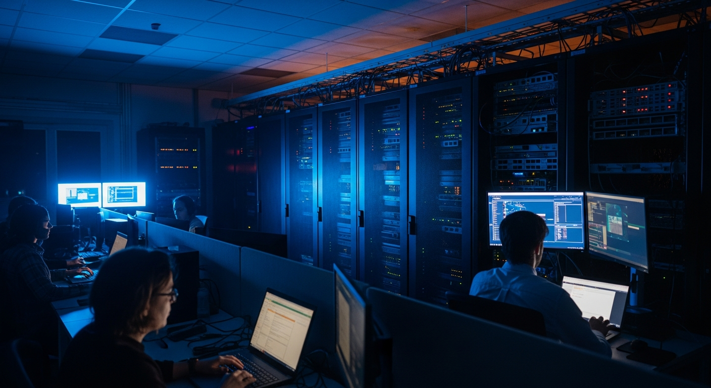 cloud platform risk — Wide shot of server room racks with data center equipment and networking hardware, bathed in cool blue light, representing the shared cloud platform infrastructure where multiple organizations' data coexists.