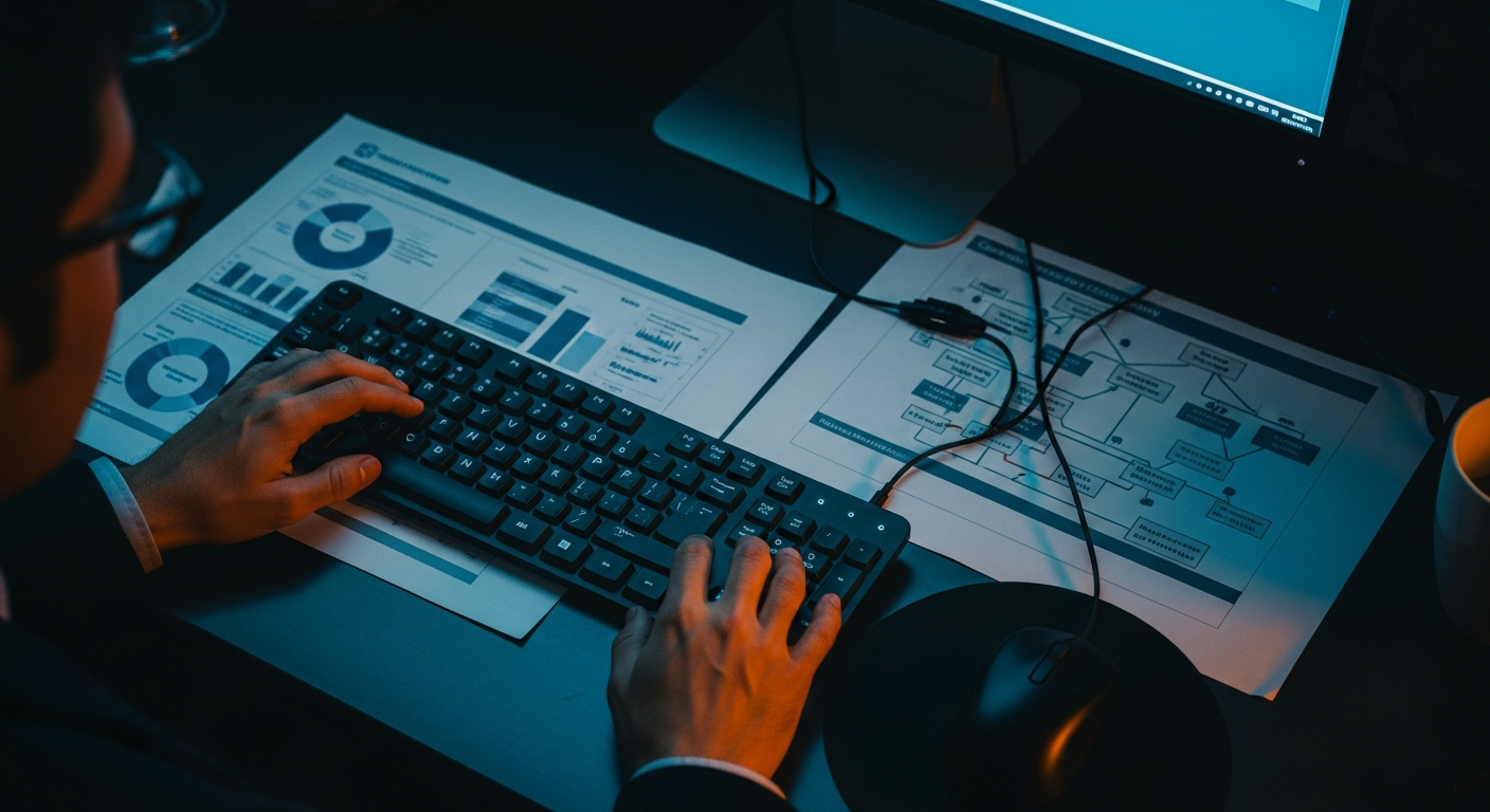 Crown Equipment cyber attack — Close-up overhead view of a computer keyboard and mouse next to printed documents with charts and network diagrams, representing the desk-level security decisions and vendor access management that manufacturers overlook.