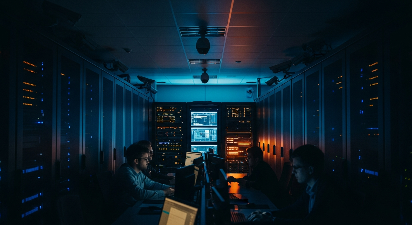 dormant email accounts — Wide shot of a server room with rows of blinking server racks and security cameras, symbolizing the infrastructure monitoring that should catch unauthorized access but often misses dormant accounts.