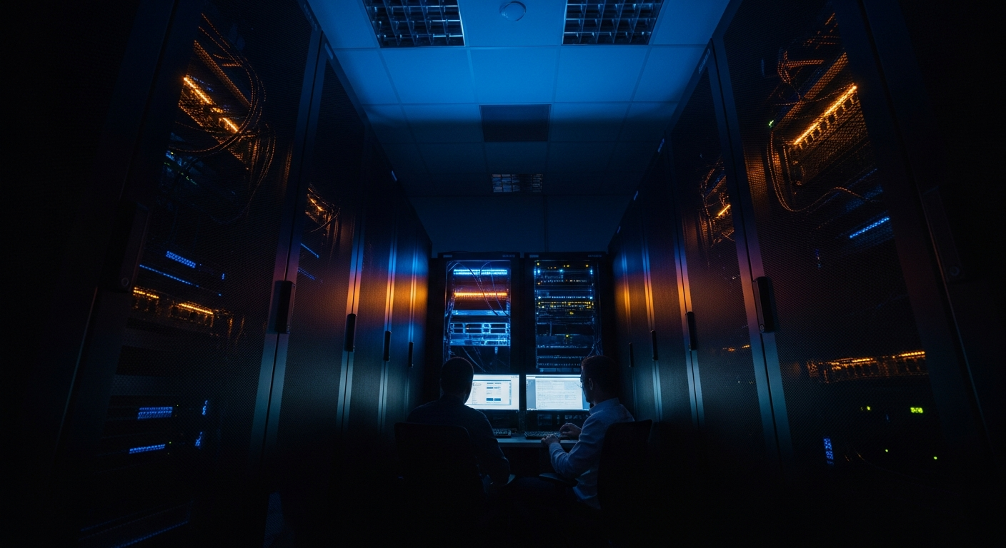 dwell time — Wide shot of a dimly lit server room with rack-mounted equipment and blinking lights, photographed from a low angle to convey the unseen activity happening within network infrastructure while defenders remain unaware.