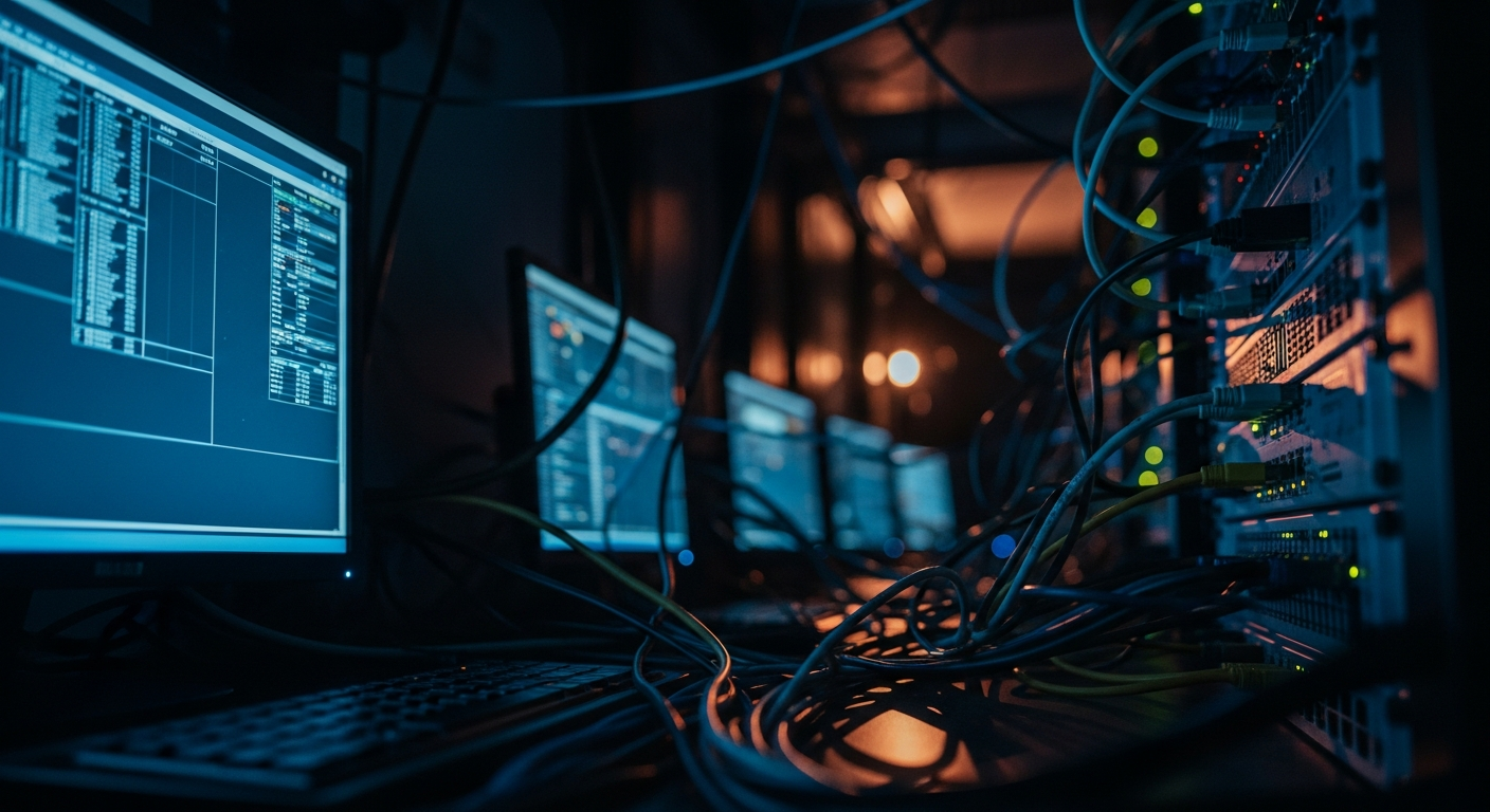 inbox rule manipulation — Wide shot of a dimly lit server room or network infrastructure with cables and blinking lights, photographed at an angled perspective to convey hidden backend access and silent data exfiltration occurring out of sight.