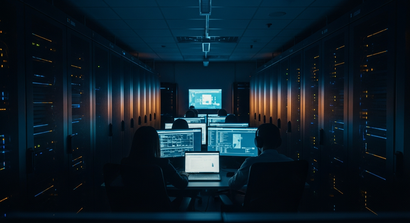 IT firm employee access controls — Wide shot of a server room or data center with illuminated equipment racks and security lighting, conveying the high-value infrastructure that requires controlled internal access.
