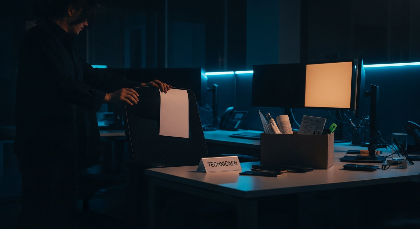IT firm employee tenure - Wide shot of an empty office desk with a chair pushed back, a name placard being removed, and a box of personal items, symbolizing technician departure and the loss of accumulated knowledge.