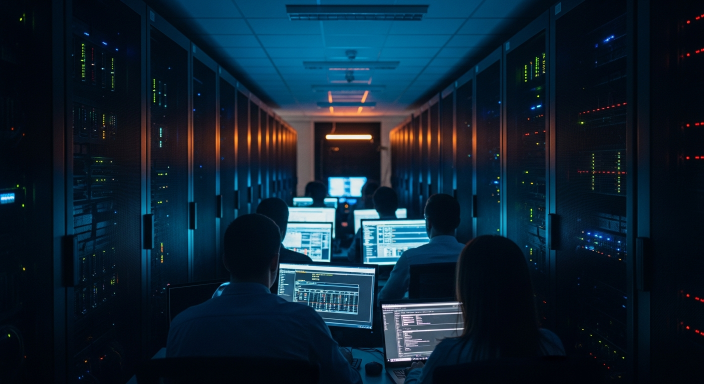 IT firm technical team size - Wide shot of a server room or data center with rows of equipment and blinking lights, emphasizing the infrastructure scale versus the actual human resources required to maintain it.