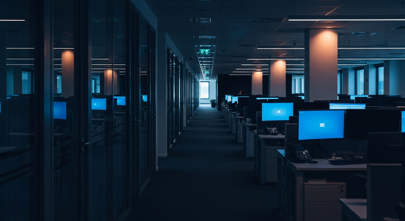 IT firm technical team size - Wide shot of an empty corporate office hallway with many closed doors and cubicles stretching into the distance, visually representing the disconnect between total headcount and actual technical staff availability.