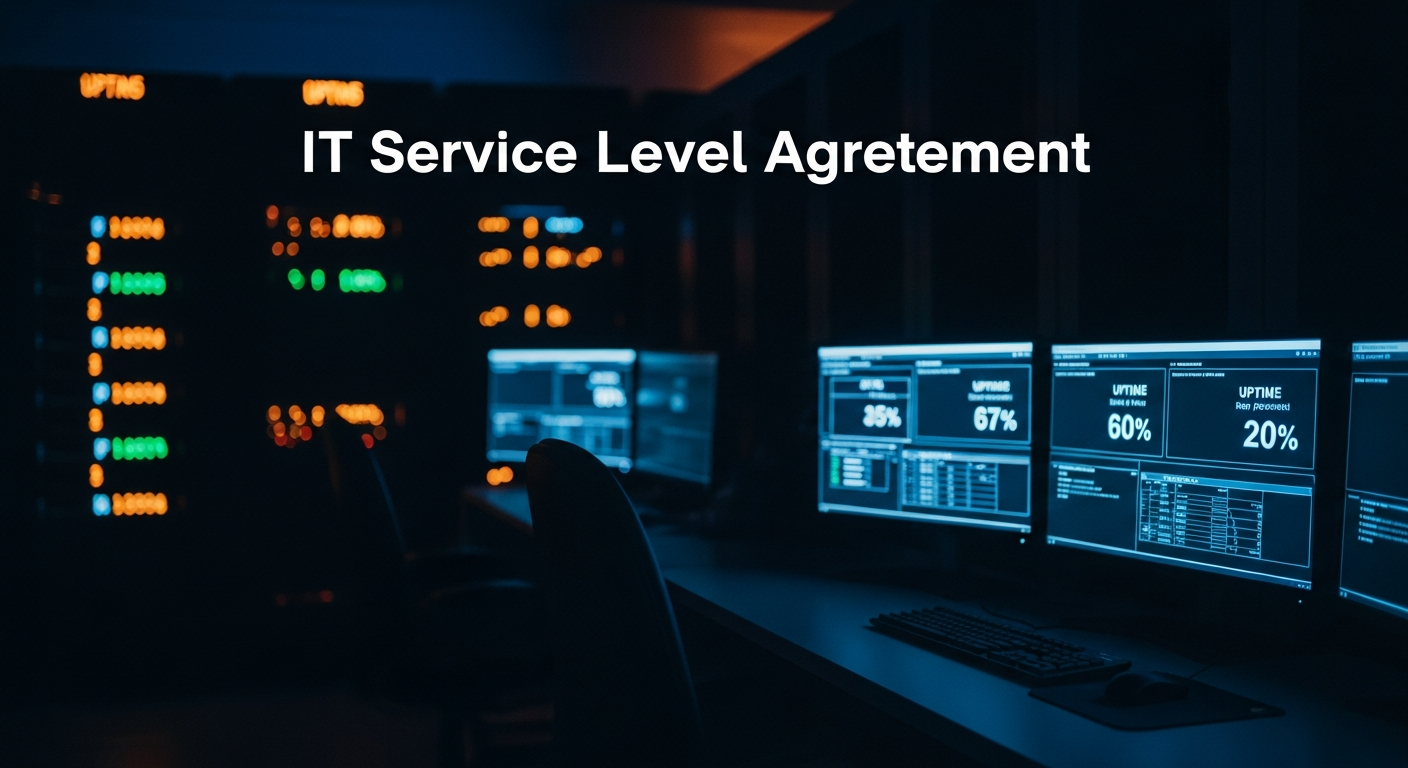 IT service level agreement — Wide shot of a server room with blinking indicator lights and monitoring screens displaying uptime percentages and response metrics, capturing the infrastructure behind the promises.