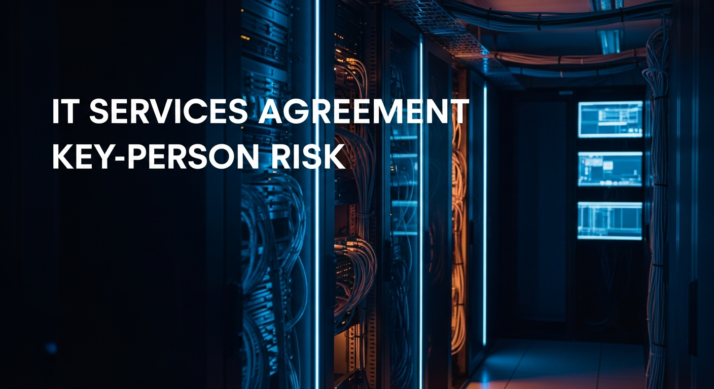 IT services agreement key-person risk - Wide shot of a server room corridor with equipment racks and cables, photographed at an angle to emphasize the complex systems that depend on institutional knowledge rather than a single person.