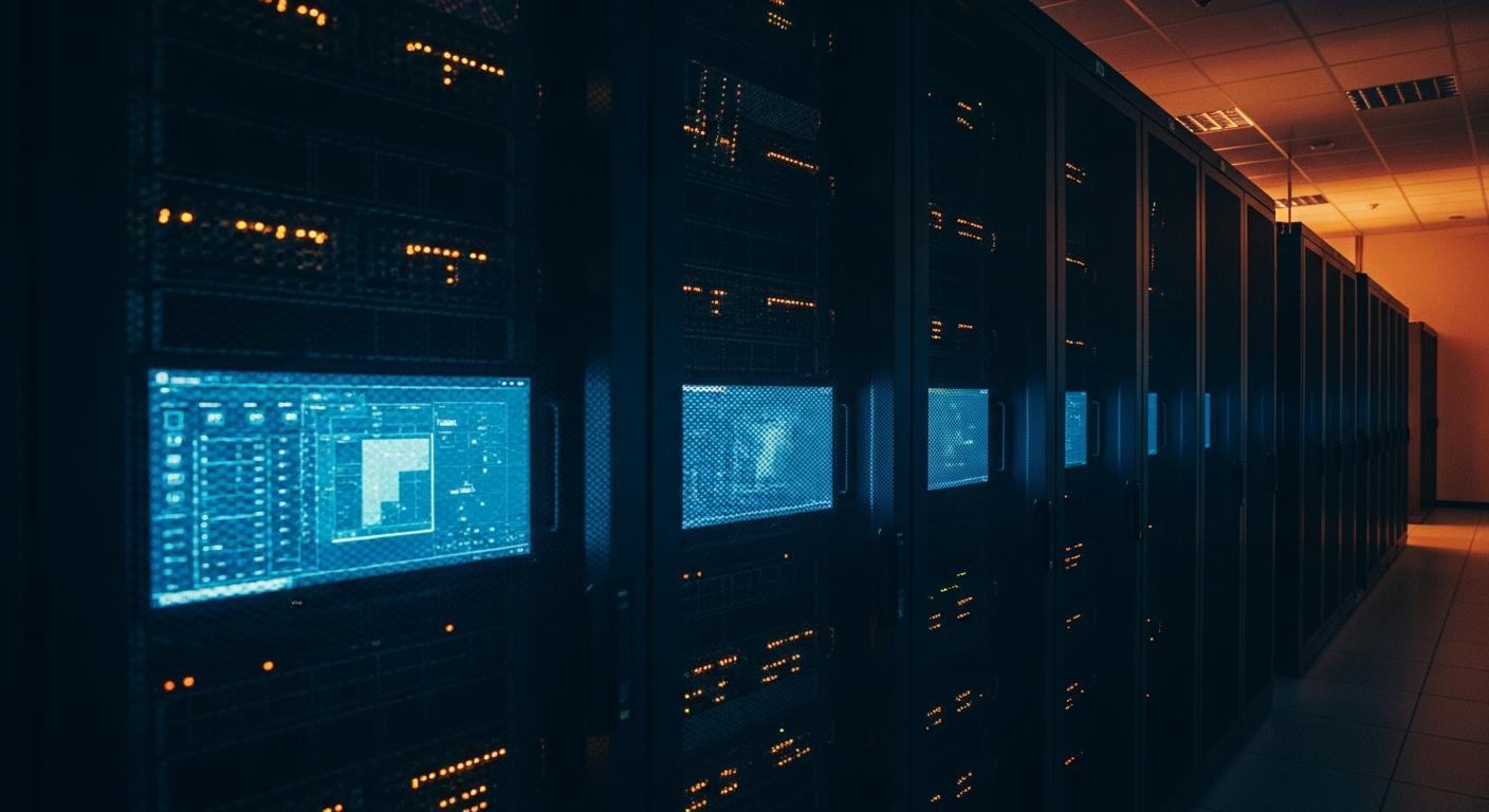 IT services contract clauses — Wide shot of a server room or data center with rows of equipment and blinking lights, photographed at an angled perspective to convey scale and the physical infrastructure at stake in contract negotiations.