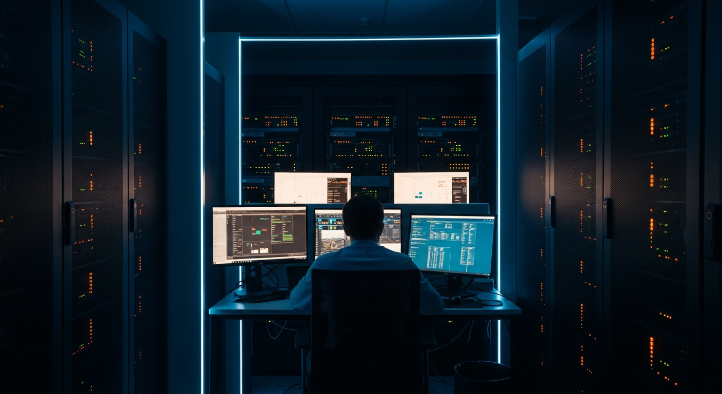 IT services contract clauses - Wide shot of a server room or data center with rows of equipment and blinking lights, emphasizing the physical infrastructure where client data is stored and controlled.