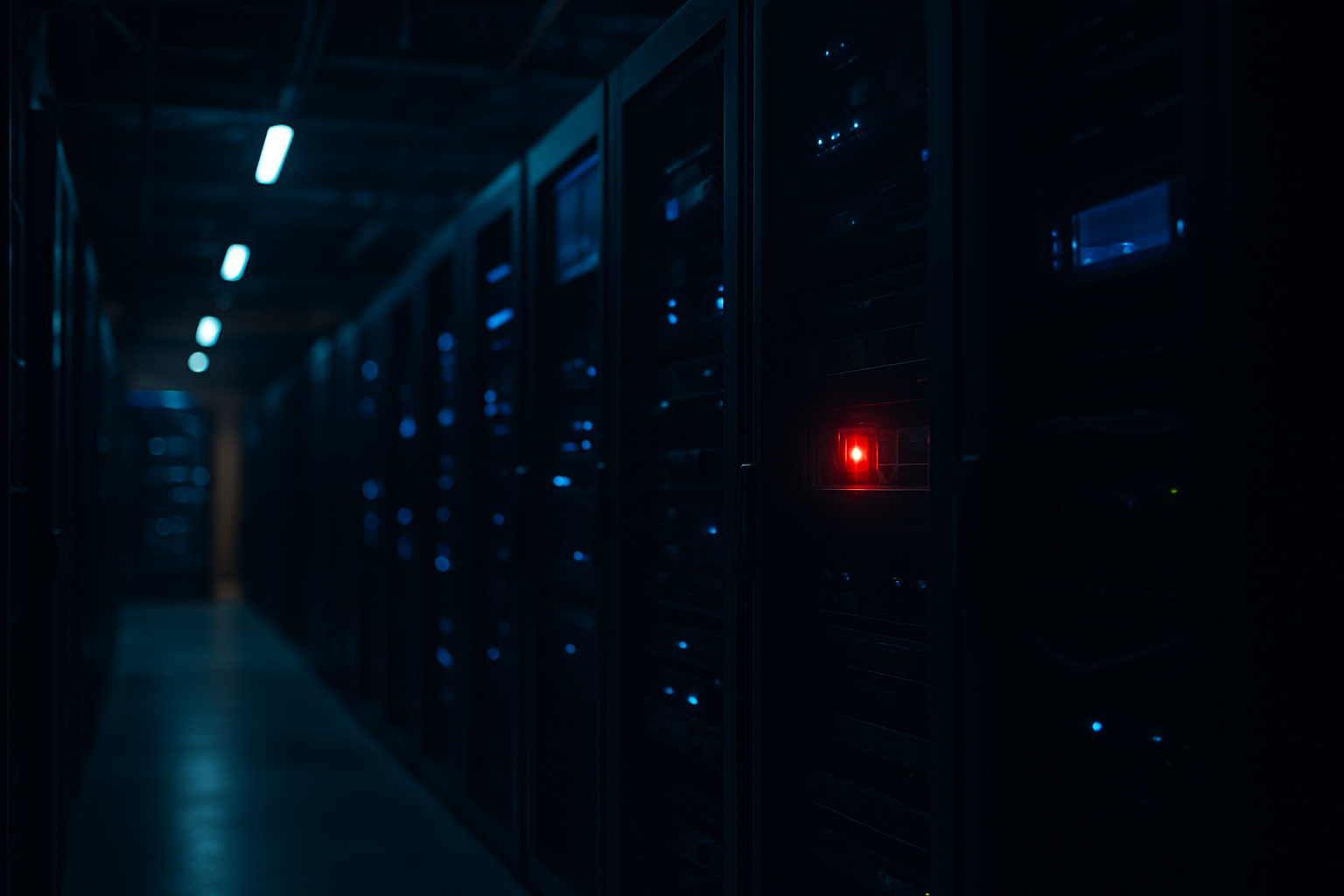 IT services contract liability - Wide shot of a server room or data center with rows of equipment and blinking lights, photographed from a low angle to emphasize scale and the physical infrastructure at risk, with a single red warning light or indicator prominent in the frame.