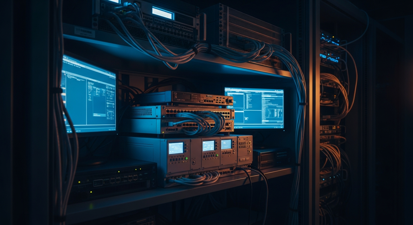 IT/OT convergence attacks — Wide shot of a server room or network closet showing multiple device types (servers, switches, industrial controllers) on the same rack or shelf with cables running between them, illustrating the flat network architecture vulnerability.