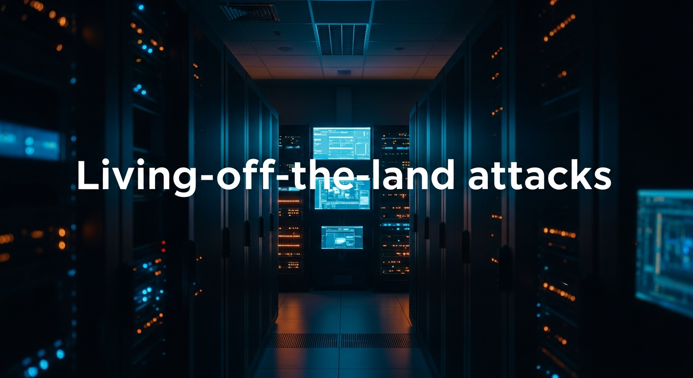 living-off-the-land attacks - Wide shot of a server room with multiple racks of equipment and blinking lights, emphasizing the scale of infrastructure where attacks persist undetected for months.