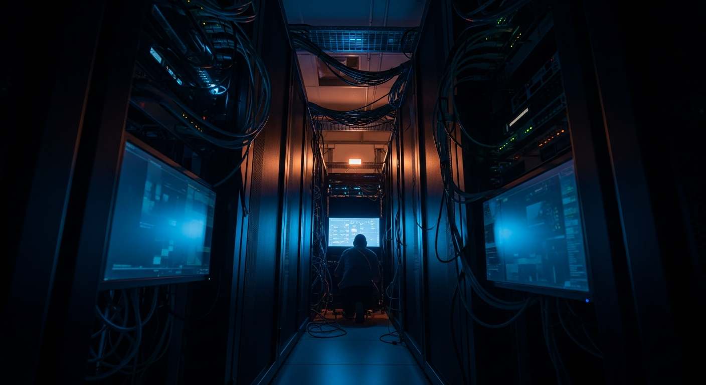 living-off-the-land attacks - Wide shot of a server room or network rack with cables and equipment, photographed from a low angle to convey the perspective of an attacker moving through infrastructure using built-in tools rather than external malware.