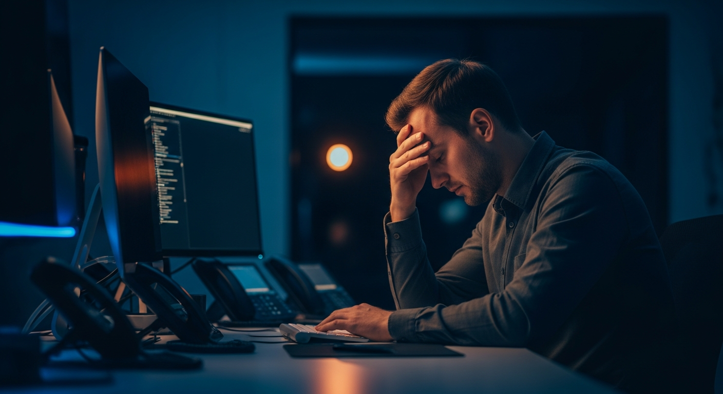 MFA fatigue attacks - Wide shot of an exhausted employee at a desk in an office environment, hand on forehead, with a blurred computer monitor in the background and multiple devices visible, conveying decision fatigue and stress during work hours.