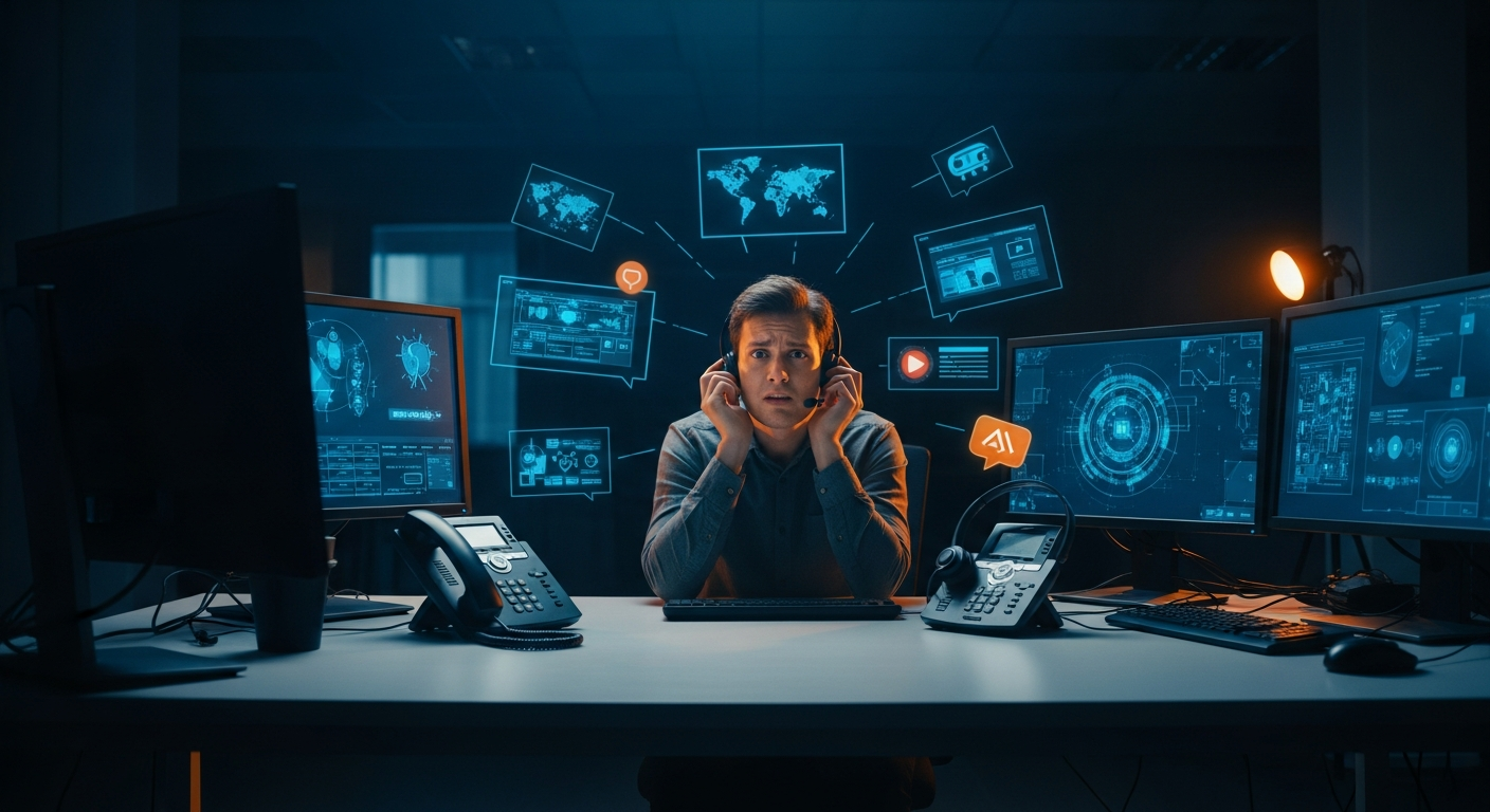 multi-channel identity attacks - Wide shot of a person in an office setting with a confused or concerned expression, surrounded by multiple communication devices (phone, computer monitor, headset) with visual emphasis on the chaos of simultaneous incoming alerts across different channels.
