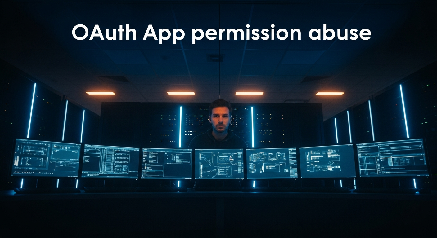 OAuth app permission abuse — Wide shot of a server room or data center with glowing network equipment and cables, photographed from a low angle to convey the scale of cloud infrastructure that attackers can access once an OAuth token is compromised.