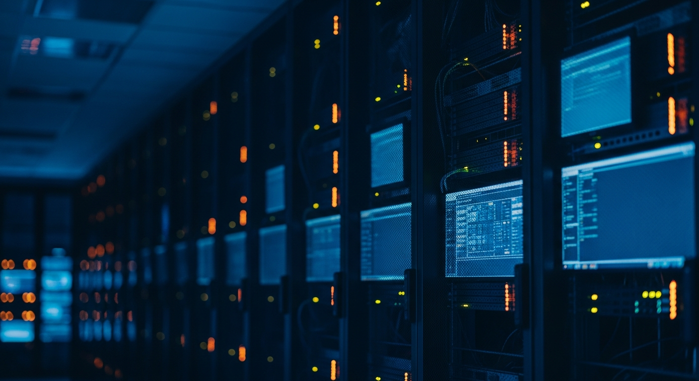 patch management questions - Wide shot of a server room or data center with rows of equipment and blinking status lights, photographed at an angle to convey the infrastructure that requires scheduled maintenance routines.