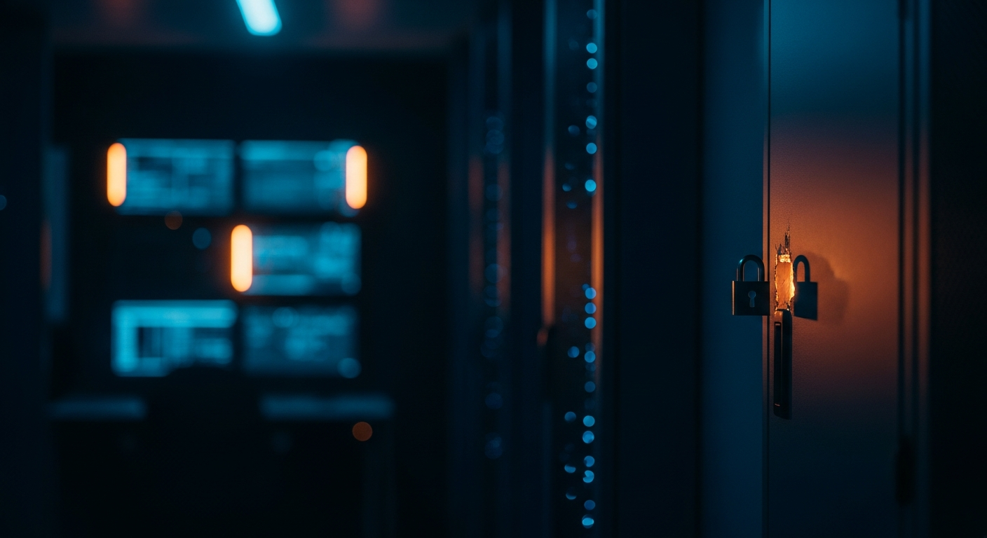 ransomware affiliates targeting small professional services firms — Wide shot of a server room or network infrastructure with a single unlocked door or breach point in sharp focus, symbolizing the entry point that affiliates exploit through trusted intermediaries.